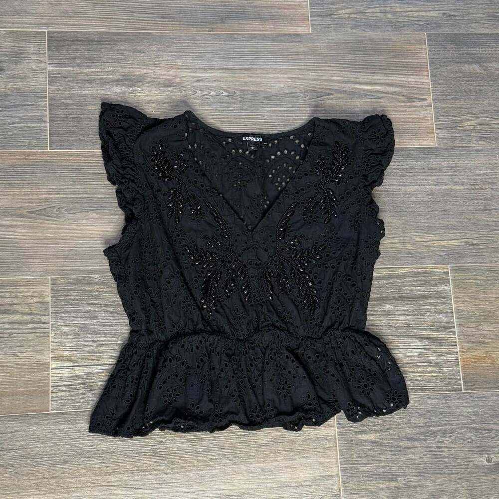 Beaded eyelet whimsy goth coquette Express black peplum blouse